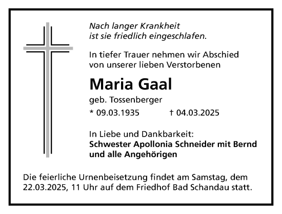 Traueranzeige von Maria Gaal von Sächsische Zeitung