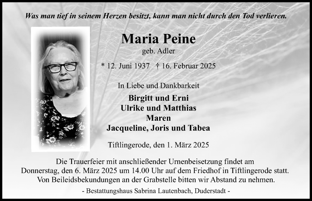  Traueranzeige für Maria Peine vom 01.03.2025 aus Eichsfelder Tageblatt