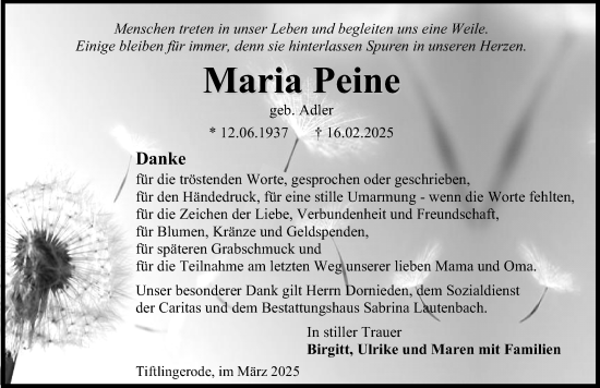 Traueranzeige von Maria Peine von Eichsfelder Tageblatt
