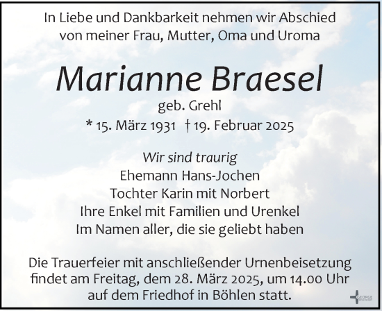 Traueranzeige von Marianne Braesel von Leipziger Volkszeitung