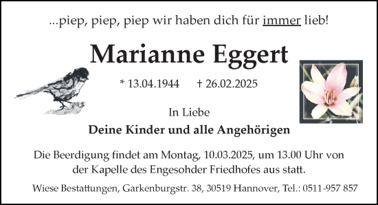 Traueranzeige von Marianne Eggert von Hannoversche Allgemeine Zeitung/Neue Presse