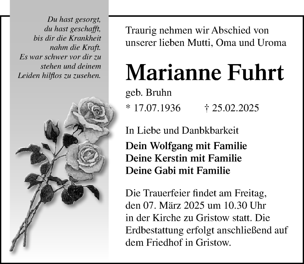 Traueranzeige für Marianne Fuhrt vom 01.03.2025 aus Ostsee-Zeitung GmbH