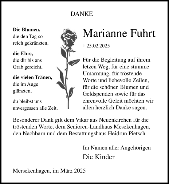 Traueranzeige von Marianne Fuhrt von Ostsee-Zeitung GmbH