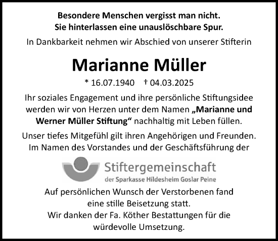 Traueranzeige von Marianne Müller von Peiner Allgemeine Zeitung