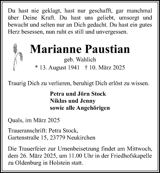 Traueranzeige von Marianne Paustian von Lübecker Nachrichten