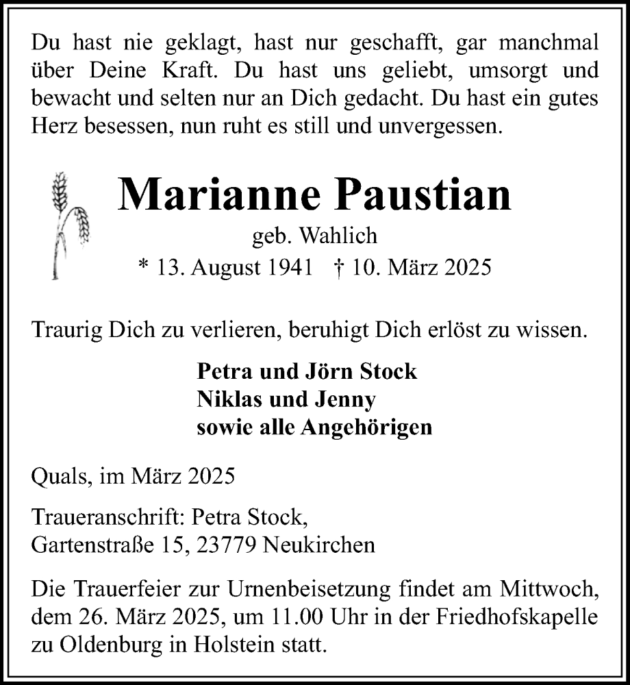  Traueranzeige für Marianne Paustian vom 19.03.2025 aus Lübecker Nachrichten