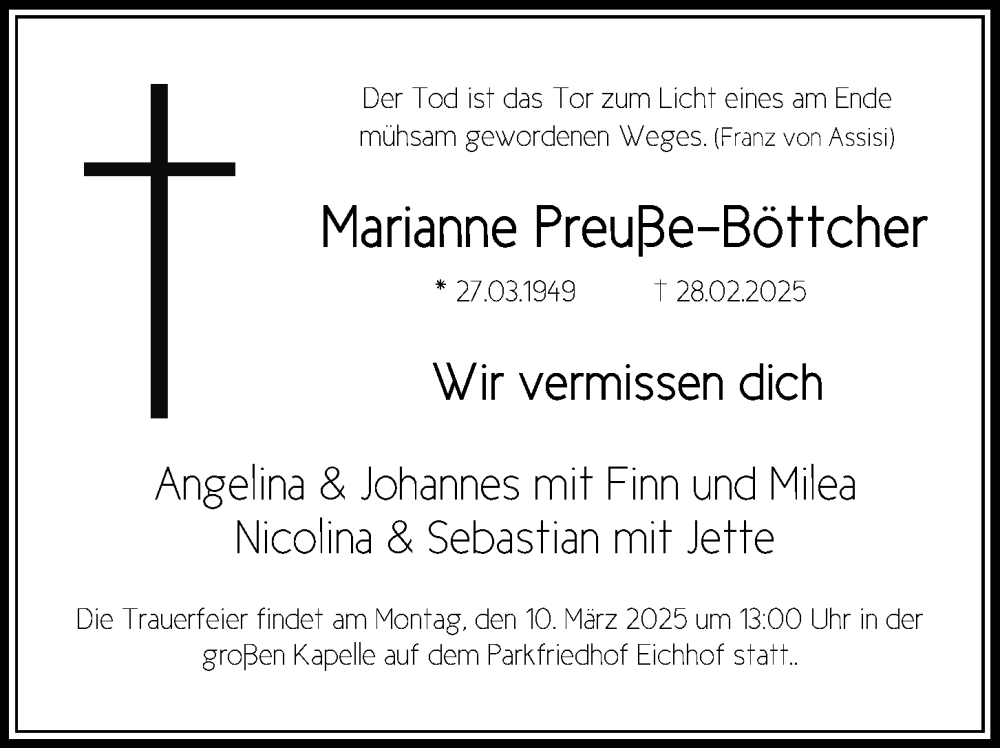  Traueranzeige für Marianne Preuße-Böttcher vom 08.03.2025 aus Kieler Nachrichten