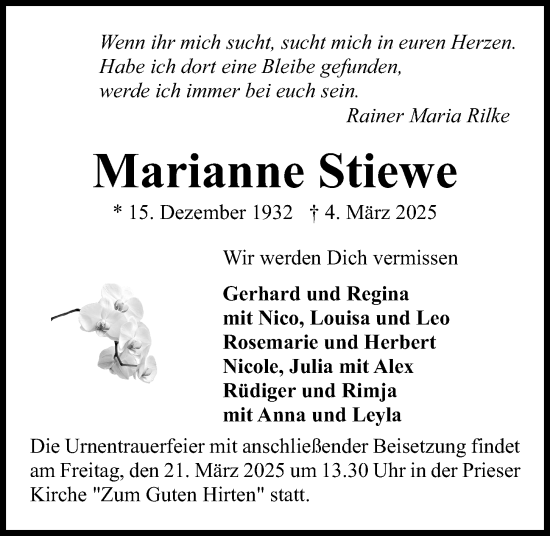 Traueranzeige von Marianne Stiewe von Kieler Nachrichten