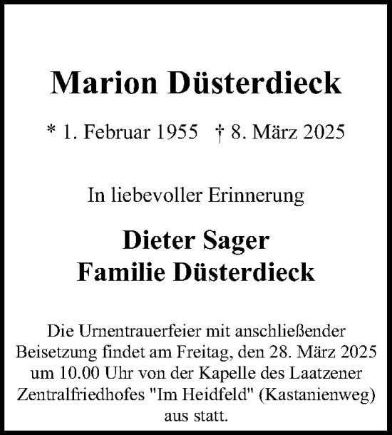 Traueranzeige von Marion Düsterdieck von Hannoversche Allgemeine Zeitung/Neue Presse