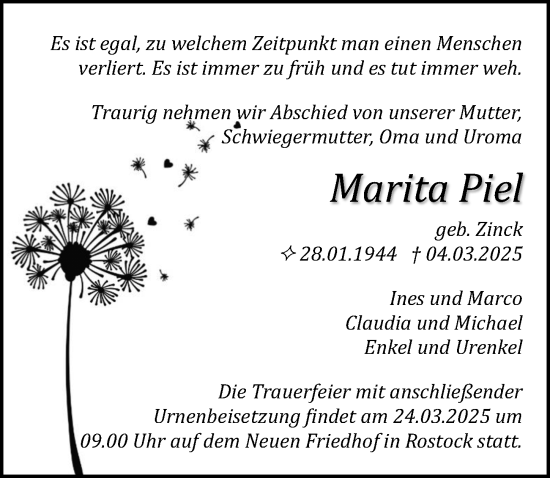 Traueranzeige von Marita Piel von Ostsee-Zeitung GmbH