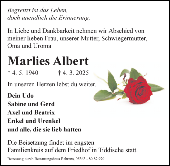 Traueranzeige von Marlies Albert von Aller Zeitung