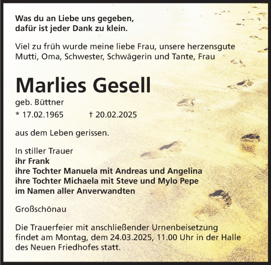 Traueranzeige von Marlies Gesell von Sächsische Zeitung