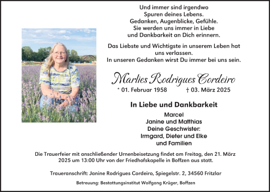 Traueranzeige von Marlies Rodrigues Cordeiro von Täglicher Anzeiger Holzminden