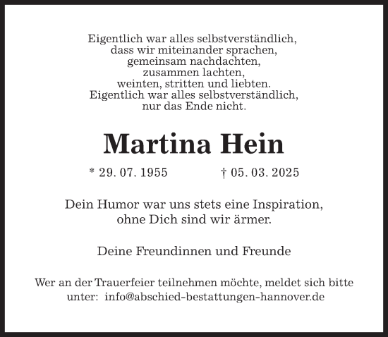 Traueranzeige von Martina Hein von Hannoversche Allgemeine Zeitung/Neue Presse