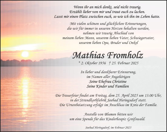 Traueranzeige von Mathias Fromholz von Ostsee-Zeitung GmbH
