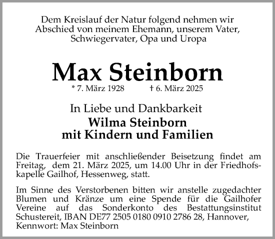 Traueranzeige von Max Steinborn von Hannoversche Allgemeine Zeitung/Neue Presse