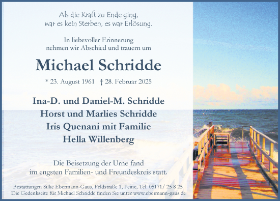 Traueranzeige von Michael Schridde von Peiner Allgemeine Zeitung