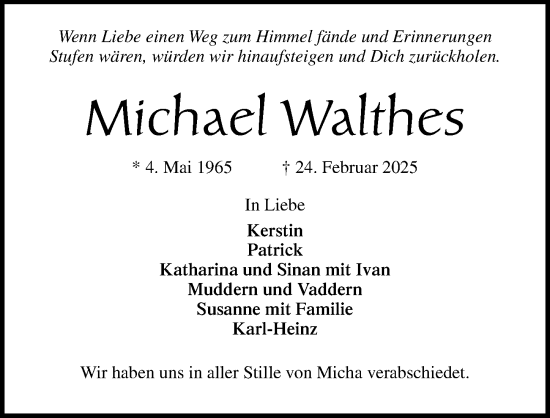 Traueranzeige von Michael Walthes von Lübecker Nachrichten