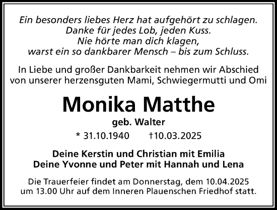 Traueranzeige von Monika Matthe von Sächsische Zeitung