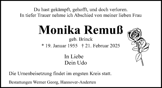 Traueranzeige von Monika Remuß von Hannoversche Allgemeine Zeitung/Neue Presse