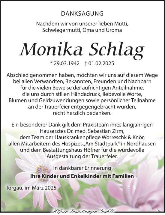 Traueranzeige von Monika Schlag von Torgauer Zeitung
