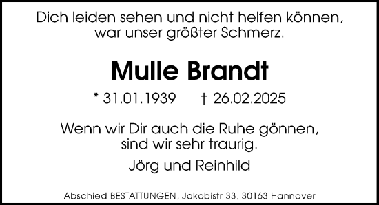 Traueranzeige von Mulle Brandt von Hannoversche Allgemeine Zeitung/Neue Presse