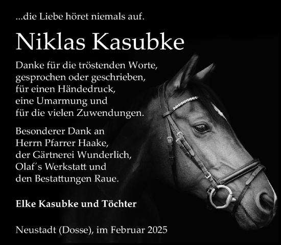 Traueranzeige von Niklas Kasubke von Wochenspiegel