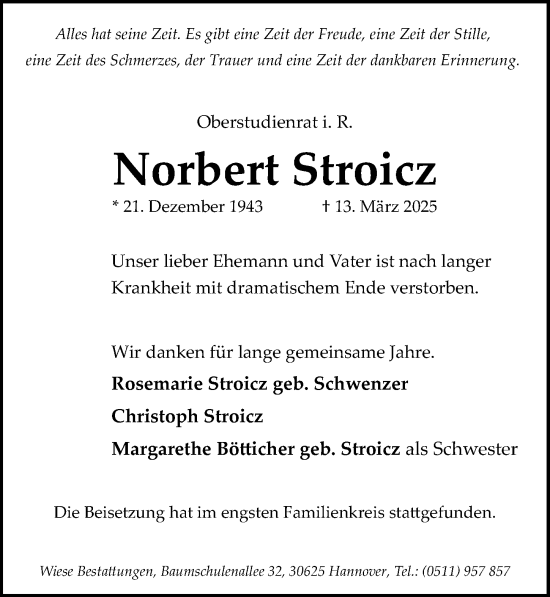 Traueranzeige von Norbert Stroicz von Hannoversche Allgemeine Zeitung/Neue Presse