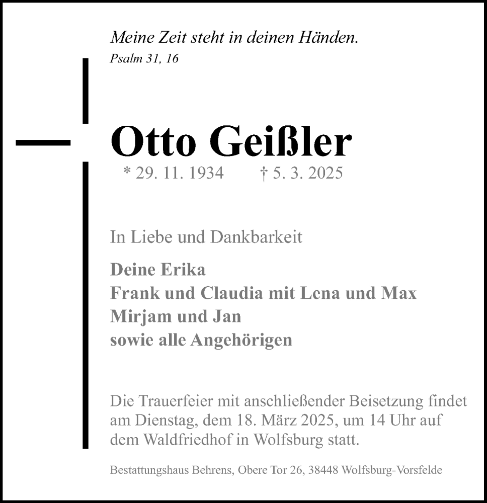  Traueranzeige für Otto Geißler vom 14.03.2025 aus Aller Zeitung