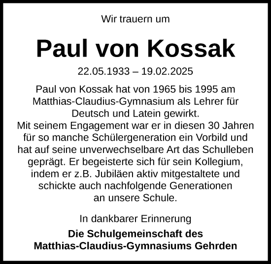 Traueranzeige von Paul von Kossak von Hannoversche Allgemeine Zeitung/Neue Presse