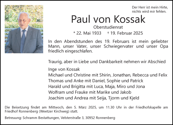 Traueranzeige von Paul von Kossak von Hannoversche Allgemeine Zeitung/Neue Presse