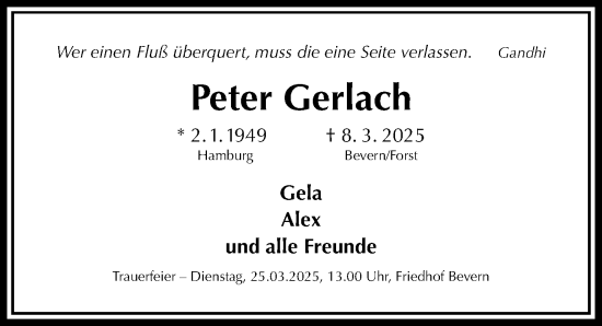 Traueranzeige von Peter Gerlach von Täglicher Anzeiger Holzminden