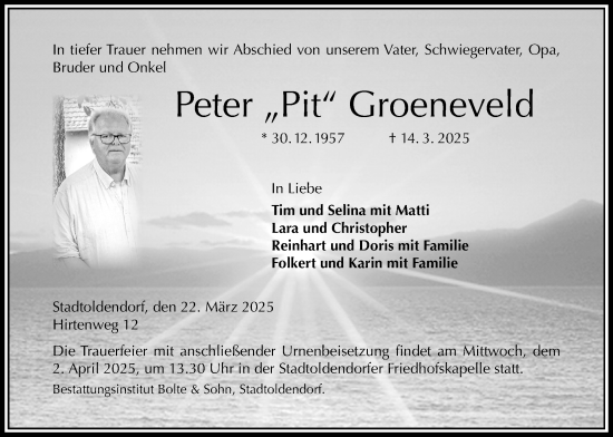 Traueranzeige von Peter Groeneveld von Täglicher Anzeiger Holzminden