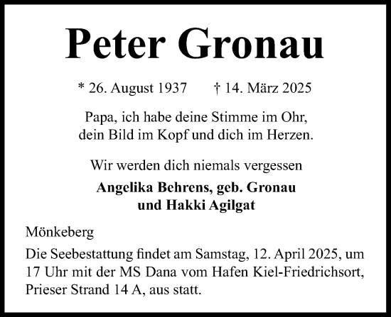 Traueranzeige von Peter Gronau von Kieler Nachrichten