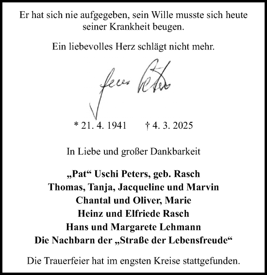 Traueranzeige von Peter Heter von Kieler Nachrichten