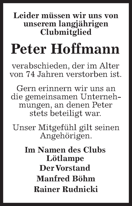 Traueranzeige von Peter Hoffmann von Kieler Nachrichten