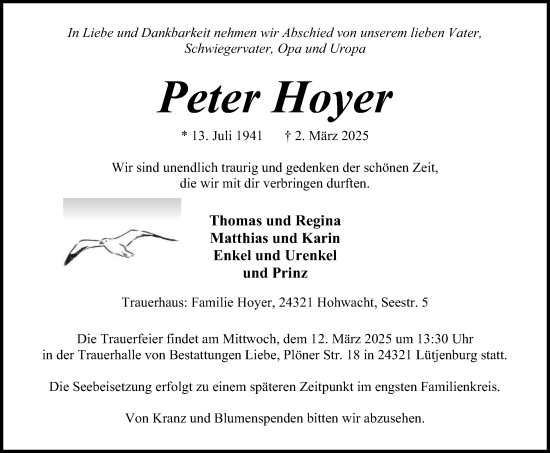 Traueranzeige von Peter Hoyer von Kieler Nachrichten