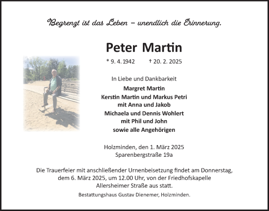 Traueranzeige von Peter Martin von Täglicher Anzeiger Holzminden
