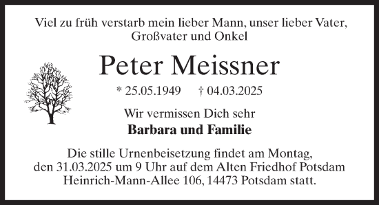 Traueranzeige von Peter Meissner von Märkischen Allgemeine Zeitung