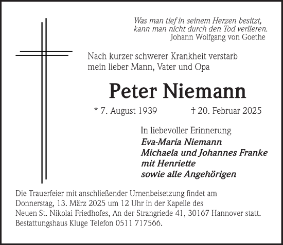 Traueranzeige von Peter Niemann von Hannoversche Allgemeine Zeitung/Neue Presse