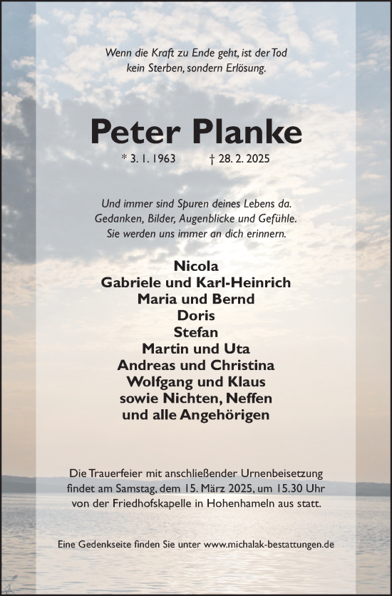 Traueranzeige von Peter Planke von Peiner Allgemeine Zeitung