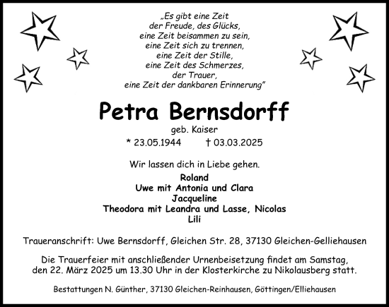 Traueranzeige von Petra Bernsdorff von Göttinger Tageblatt