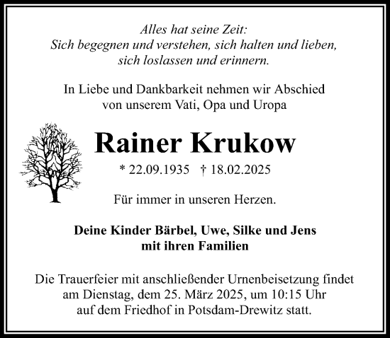 Traueranzeige von Rainer Krukow von Märkischen Allgemeine Zeitung