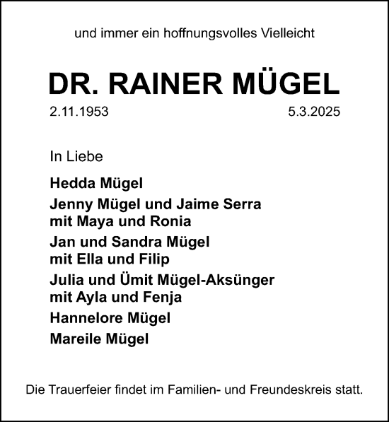 Traueranzeige von Rainer Mügel von Aller Zeitung