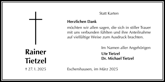 Traueranzeige von Rainer Tietzel von Täglicher Anzeiger Holzminden