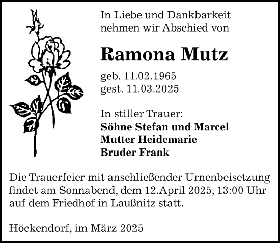 Traueranzeige von Ramona Mutz von Sächsische Zeitung