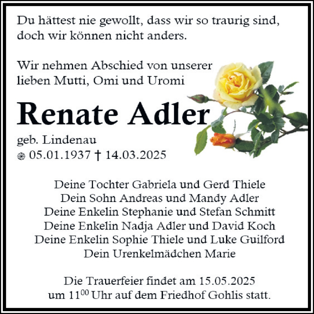  Traueranzeige für Ranate Adler vom 22.03.2025 aus Leipziger Volkszeitung