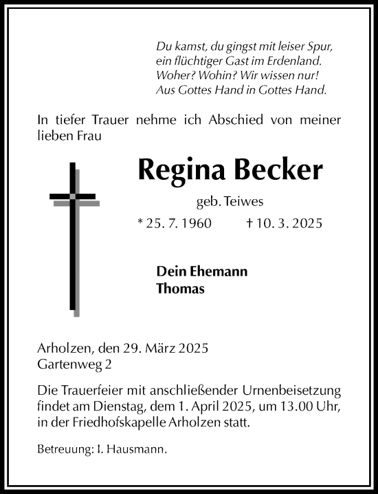 Traueranzeige von Regina Becker von Täglicher Anzeiger Holzminden