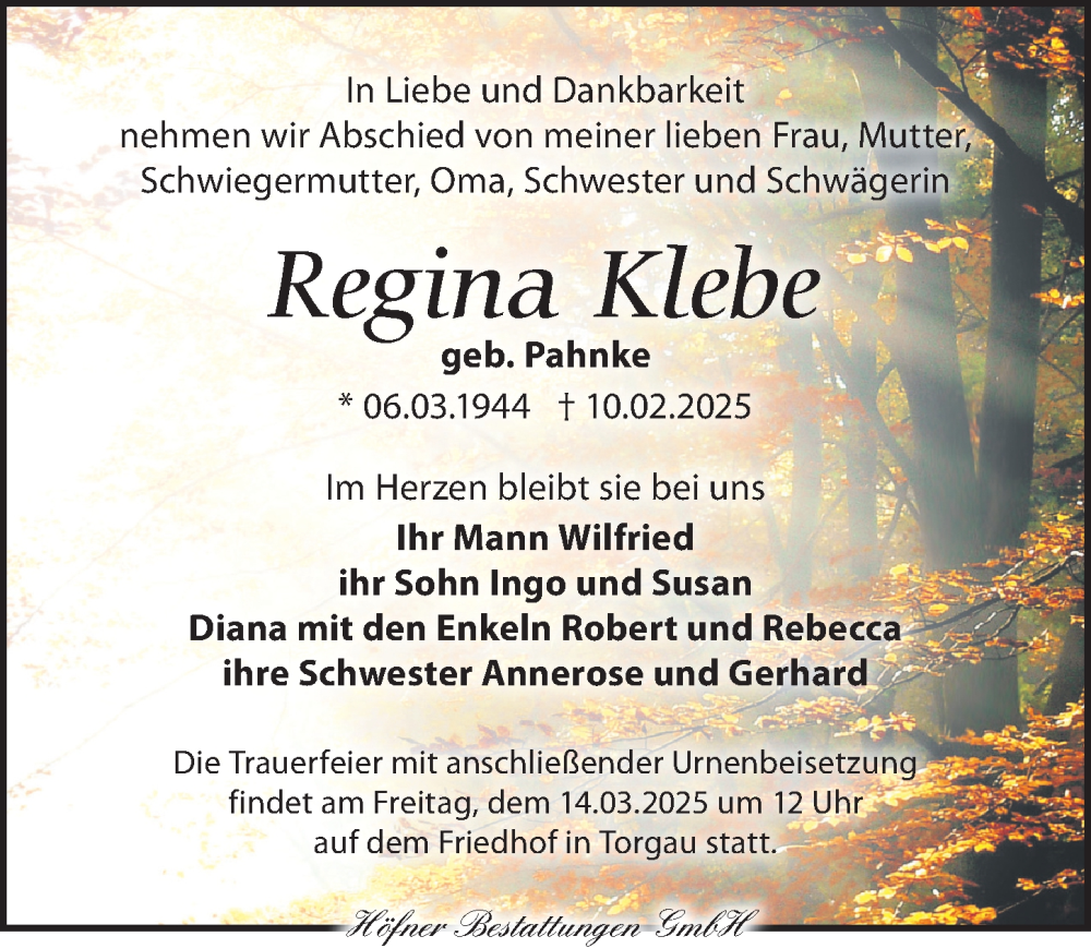  Traueranzeige für Regina Klebe vom 01.03.2025 aus Torgauer Zeitung