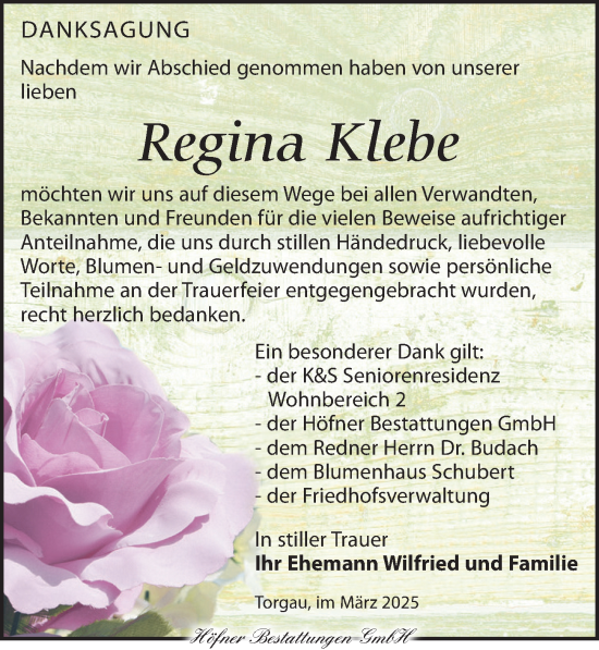 Traueranzeige von Regina Klebe von Torgauer Zeitung